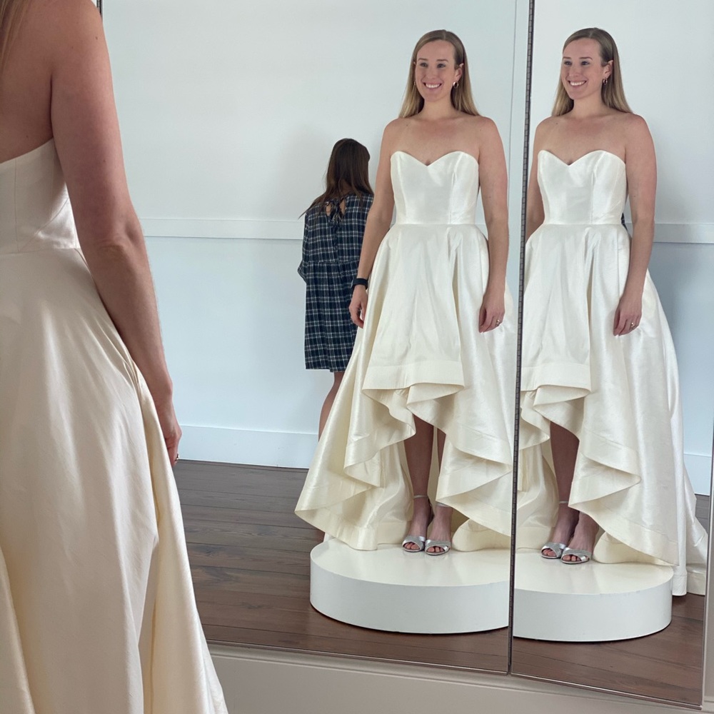 Anne Barge Strapless Sweetheart High-Low Satin Bridal Dress in Ivory
